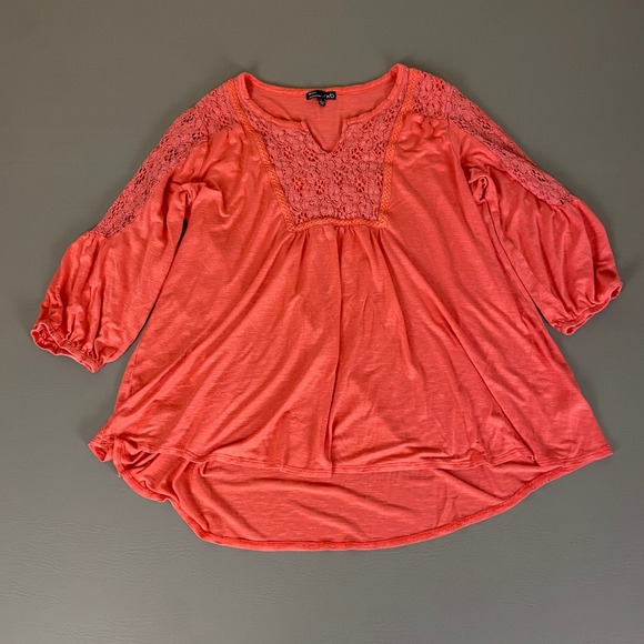 RXB  Tunic Top Women's Plus 1X Coral Lace Trim V Neck 3/4 Sleeve High Low Hem - Picture 1 of 11